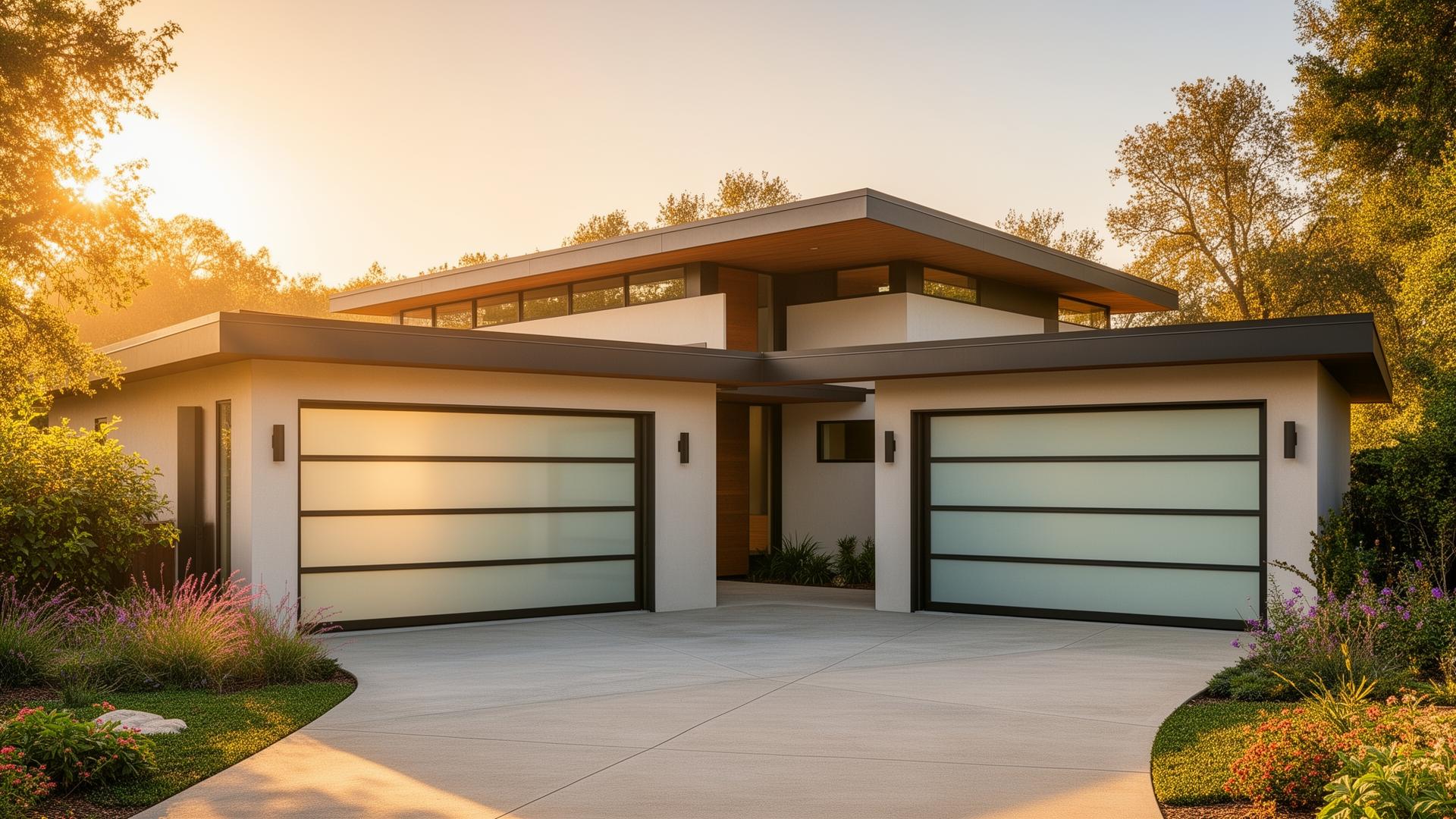Modern steel garage door with frosted glass panels on mid-century home in Hurst Texas